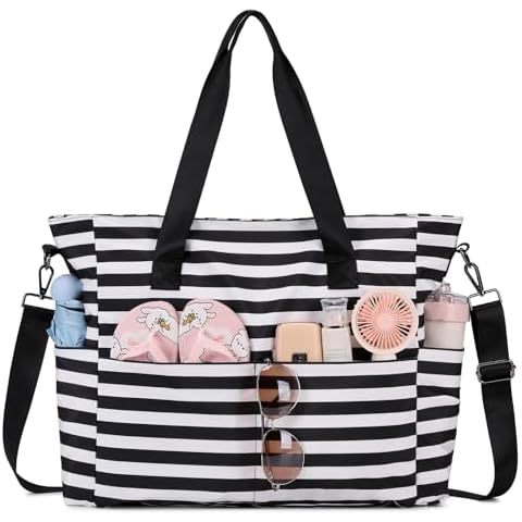 PIG PIG GIRL Beach Bags for Women, Waterproof Sandproof Swim Pool Bag with Dry Wet Seperated Pocket Lightweight Travel Tote Bag for Girls with Utility Slots, Black Strip Cover