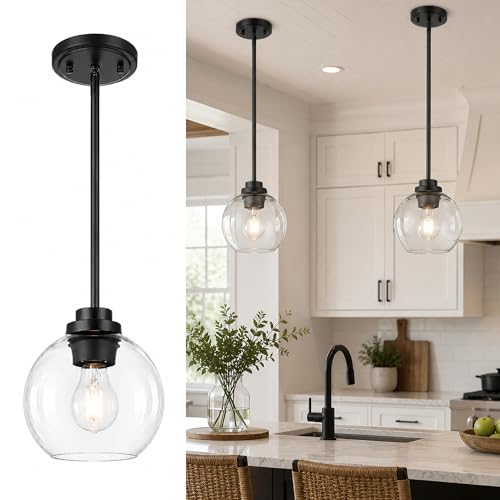Image of Pendant Lights Kitchen Island, 7 inch Modern Black Hanging Lights Fixtures with Clear Glass Globe Shade, Kitchen Island Lighting for Bathroom, AD-22280-1P-BK-C