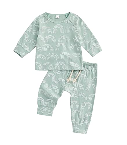 Image of Bingqiling Toddler Baby Girl Boy Rainbow Print Outfits Fall/Winter Newborn 2 Pcs Clothing Sets Long Sleeve Crewneck Sweatshirt+Pant, Green, 0-6 Months