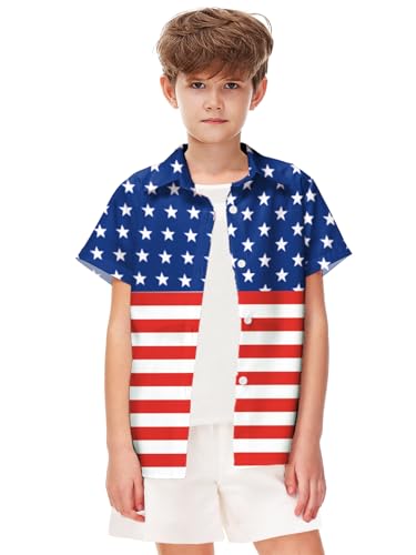 Image of Remimi Unisex Kids 4th of July Button Up Shirt Boys American Flag Print Hawaiian Beach Short Sleeve Tops 5-14 Years