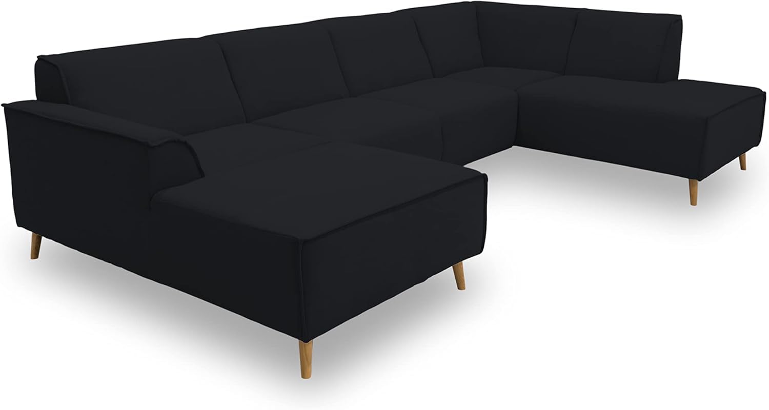 DOMO. collection Wohnlandschaft Jules FK, skandinavisches Sofa mit Federkern, Couch in U-Form mit Holzfüßen, 333 x 191 x 81 cm (BxTxH), Longchair rechts, schwarz