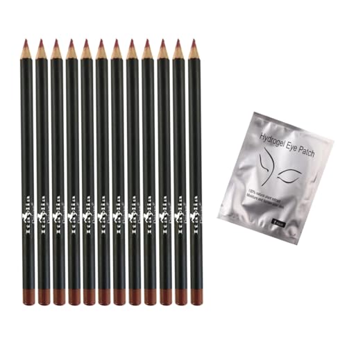 Italia Deluxe 12 pcs Eyeliner Pencil, Ultra Fine, Creamy, High-pigmented, Long-lasting + Hydrogel Eye Patch for Lash Extensions (Light Brown)