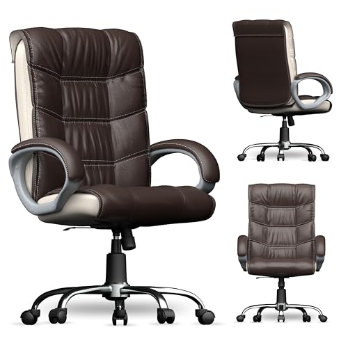 Image of FUGO FG10C Orthopaedic Office Chair, Adjustable Height, Tilting Mechanism, Heavy Duty Metal Base, Dual Nylon Casters, Comfortable Desk Chair for Work, 3 Years Warranty (Brown and White)
