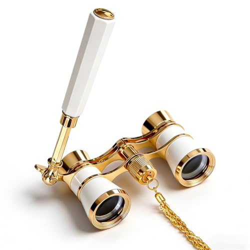 Faltbares Opernglas 3x25 Theaterfernglas Vintage für Damen & Mädchen Kompaktes Theaterglas mit BK7-Prisma Metallkette & Tasche Ideal für Oper Konzert Theater & Events (Weiß)