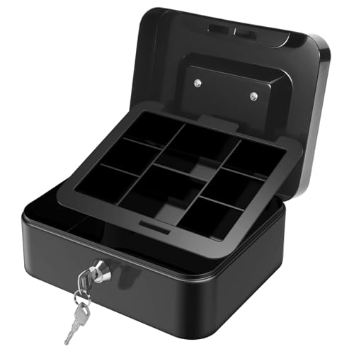 GLOSKIN Caisse Monnaie Avec Clé, Boite Argent Portable, Boîte de Caisse Monnaie Billet Piece, Couche de Stockage de Pièces,Coffre-fort de Stockage des...