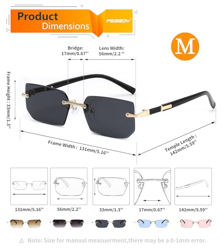 Image of FEISEDY Rimless Sunglasses Y2K Retro Small Narrow Clear Eyewear Vintage Rectangle Sunglasses for Women Men B2643