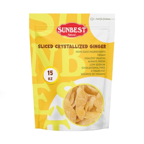 Sunbest Natural - Crystallized Ginger Sliced & Ginger, Crystallized Ginger for Baking and for Snacking, Vegan Dried Ginger, Non-GMO, Kosher Ginger Candy in Resealable Bags 15oz