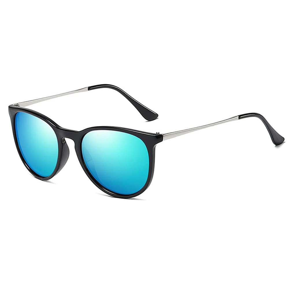 ELECDONVintage Round Sunglasses, Women Men Classic Retro Style, Men's and Women's Polarized Sunglasses Trend Fashion Ice Blue Sunglasses Big Frame Glasses Driving Mirror Vacation Mirror (Black)