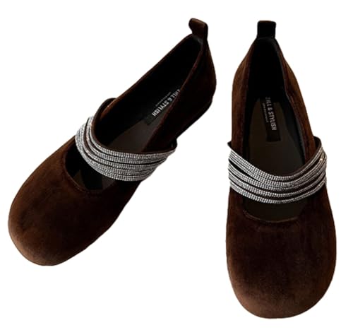 Mary Jane Flats Retro Suede Shoes for Women Rhinestone Ballet Flats Classy Round Toe Wedding Party Dressy Shoes