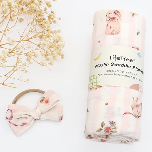 Image of LifeTree Baby Muslin Swaddle Blankets for Boys & Girls, Newborn Swaddle Set with Matching Headband Bow, Infant Blanket Wrap, 47 x 47 inches, Bow Rabbit, 70% Viscose from Bamboo and 30% Cotton