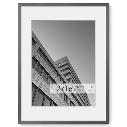 12x16 Metal Picture Frame - Aluminum Picture Frame with Shatter-Resistant Glass - Displays 9x12 Photos with Mat or 12x16 Images without Mat - Ideal for Home or Office Decor Set of 1 - Grey