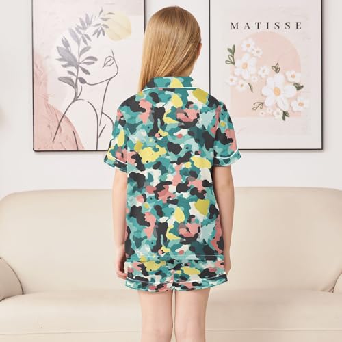 ALAZA Bright Yellow Black Green Camouflage Satin Pajamas Set Short Sleeve Button Down Sleepwear Summer Pjs 2 Piece4