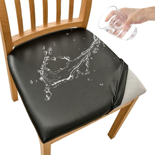 FANSU Dining Chair Seat Covers Set of 6, Black, Waterproof, Faux Leather, Modern Style with Non-Slip Elastic Bottom