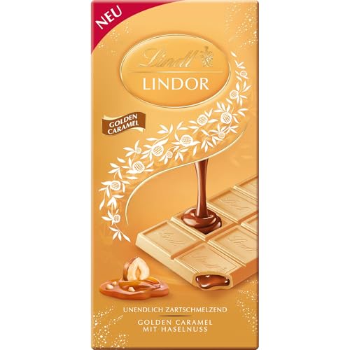 Lindt Schokolade | LINDOR Tafel Golden Caramel | 100g | feinste Vollmilch-Schokolade mit zartschmelzender Caramel & Haselnuss Füllung | Schokoladen-Tafel