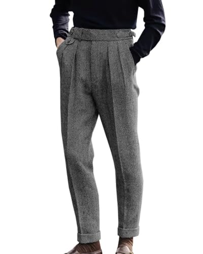 Image of Men's Herringbone Tweed Dress Pants Regular Fit Vintage Wool Trousers