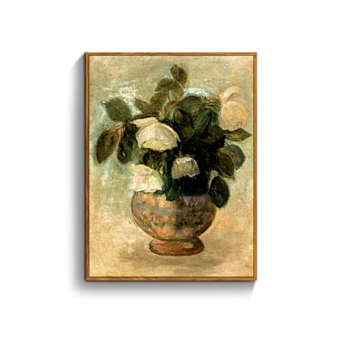 crmotu Vintage Framed Wall Art, White Rose Classical Oil Paintings, Botanical Floral Canvas Prints, French Country Aesthetic Pictures Wall Decor Living Room Bedroom Kitchen Office Farmhouse 12x16in