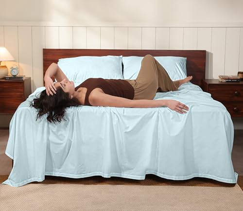 Image of RUVANTI 100% Cotton Percale Sheets Twin - Crisp Cooling Summer Bed Sheets for Hot Sleepers, Deep Pocket 14 inch, Soft Peach Finish, Breathable & Durable Hotel-Style 3 Piece Set, Spa Green