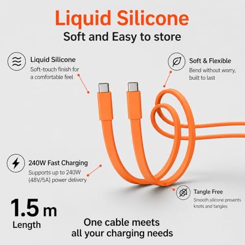 Image of 240W USB C to USB C Cable | 1.5M Silicone Flat Type C to Type C | Fast Charging Cable | Silicone | Detangled | PD Data Transfer | E-marker Chip | Compatible for Macbook, iphone, Samsung