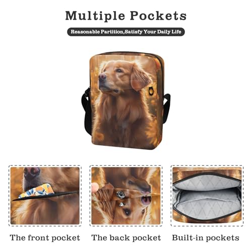 Golden Retriever Dog Sling Bag Zipper Closure Crossbody Messenger Bag with Card Phone Passport Compartment 6.6×9.4×2.5 inches2