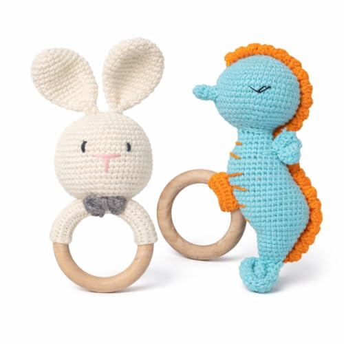 Image of Handmade Crochet Bunny & Seahorse Baby Rattle Teether Combo | Wooden Ring Teething Toy for Newborn, Infant & Toddler | Organic Cotton Knit Soft Sensory Toy | Baby Shower Gift Set for Boys & Girls (Pack of 2)