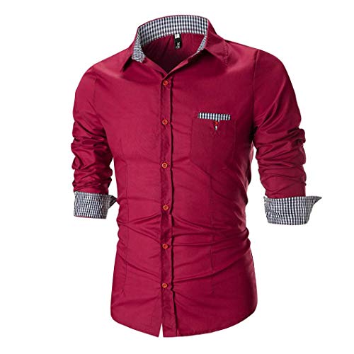 Goldatila Clothing Mens Plaid Shirt, Autumn Casual Slim Long Sleeve Top Blouse Red