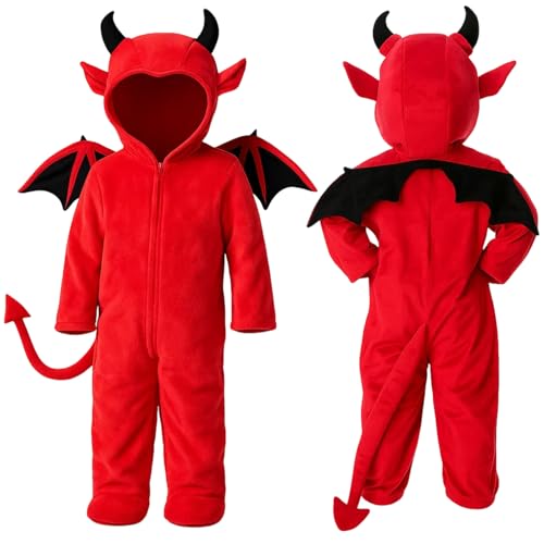 JrnSvp Teufel Kostüm Kinder Karneval Kostüm Kinder Teufel Body Overall Jumpsuits mit Kapuze Weiches Kostüm Perfekt für Halloween Parties und Thementage(120)