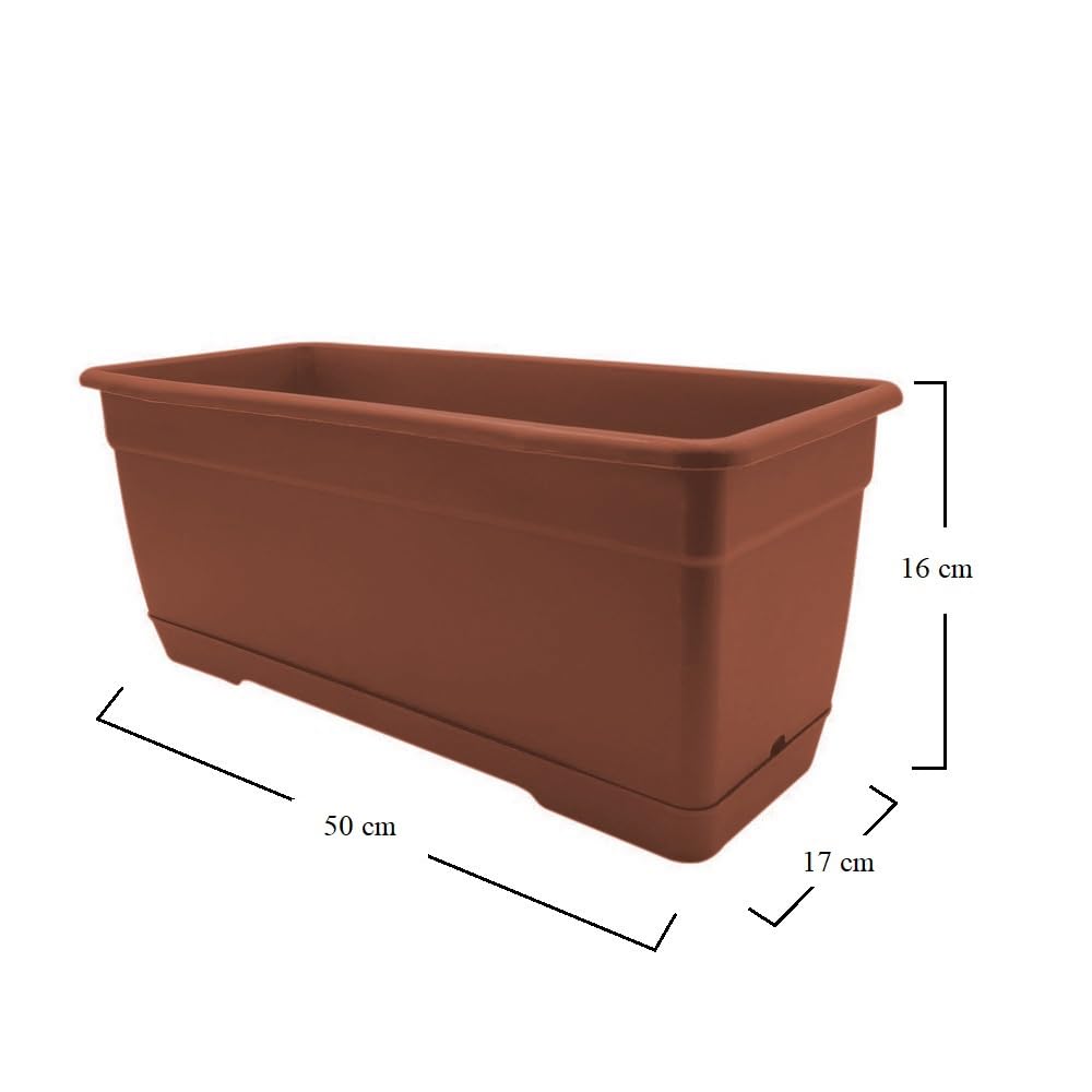 VIRSUS 2 Fioriere Rettangolari per Balcone BIRK5, Color MATTONE, Sottovaso integrato, Vaso in Resina con supporto in ferro da Appendere a Finestre e Balconi, Capacità 8,6 Litri (50x17x16 cm)