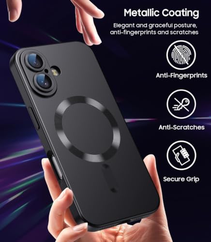 Image of DIZORO Magnetic Case for iPhone 16 Plus Case [Compatible with MagSafe][Built-in Camera Lens Protector] Slim Soft Silicone Bumper Shockproof Metallic Luster Back Cover Phone Case (Black)