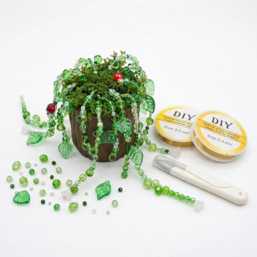 Beaded Plant Kit for Adult, Green Glass Bead Craft Kit, DIY Suncatcher Gift | Faceted Green Beads for Beaded Plants, Faux-Bark Resin Pot, Glass Leaf Beads, Copper Wire, Desk Decor, Gift for Plant Lovers