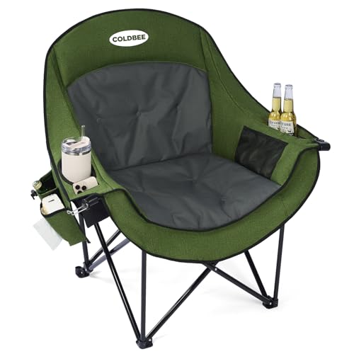 Coldbee Oversized Camping Chairs for Adults - Heavy Duty Padded Folding Lawn Chairs with Cup Holders & Cooler Bag, Comfy Outdoor Chair for Picnic, Beach, Fishing (Green)