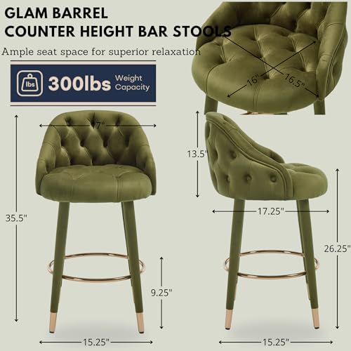 Butacos Tapizados con Acabado Botoncito, Altura 26", Set de 2, Terciopelo Verde con Reposapiés Dorado para Isla de Cocina y Bar miniatura 4