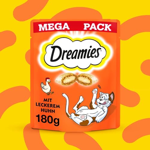 Dreamies Klassiker Katzensnacks mit Huhn – Katzenleckerli mit knuspriger Textur und cremiger Füllung – 4 x 180g