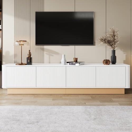 Meuble TV Blanc 200 cm – Meuble Bas avec Rangement 4 Portes et étagères réglables – Grand Meuble télé Style Luxe pour écran Plat – Salon Moderne