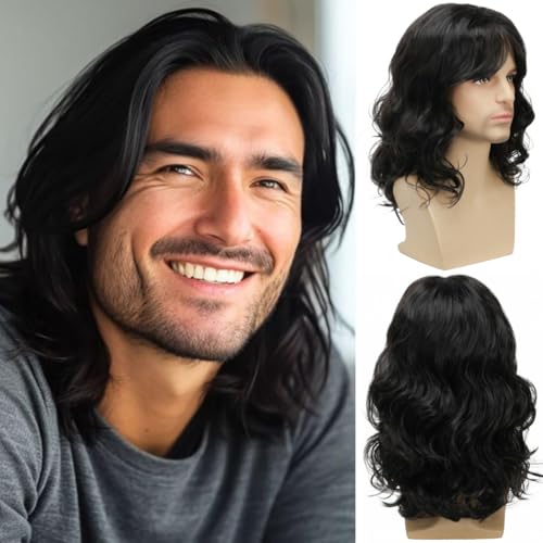 Daiaces Peruca masculina preta encaracolada dos anos 70 anos 80 peruca rocker xale encaracolado tain