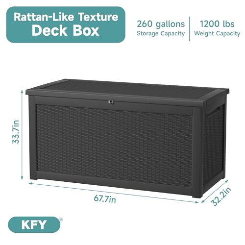 Image of 260 Gallon Waterproof Outdoor Storage Box, UV Resistant Resin Deck Box with Hydraulic Rod for Reinforced Stability, Perfect for Patio, Garden, and Pool, Striped Black