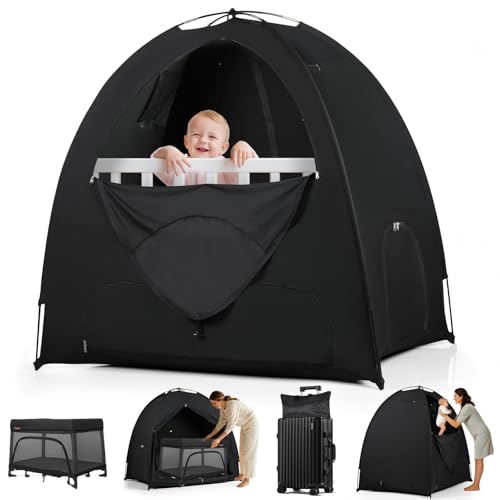 WANRU Blackout Tent for Pack and Play 95% Light Blocking Portable Sleep Pod Easy Setup No Tools Pack n Play Cover Fits Standard Playards Travel Canopy with Monitor Pouch Black 53x37x55