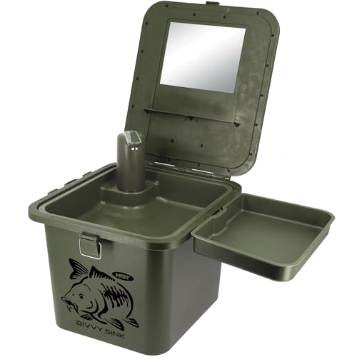 NGT Bivvy Spüle mit Auto Wasserhahn & Wasserbehältern - Kompakte Outdoor-Wasch-Hygienestation für Angeln, Camping, Reinigung - Spiegel & Tablett inklusive