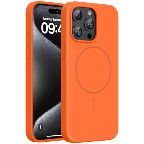 Image of Miracase Magnetic for iPhone 15 Pro Max Case, [Soft Anti-Scratch Microfiber Lining], Compatible with MagSafe, Liquid Silicone Case Shockproof Drop Protection Phone Case for 15 ProMax, Orange