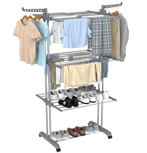 Innotic Tendedero Plegables con Ruedas 4 Niveles Tendedero Vertical Plegables para Exteriores y Interiores, Estable Tendedero de Ropa para Balcon, Ahorre Espacio, Gris