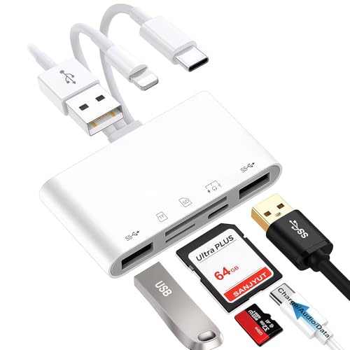 SD/MicroSD Card Reader for iPhone/iPad, 7-in-1 USB-A & USB C & Lighting to Memory Card Reader, USB Camera Adapter with PD Fast Charging Compatible with iPhone 7-17 Series, iPad Pro, Galaxy S25 & More