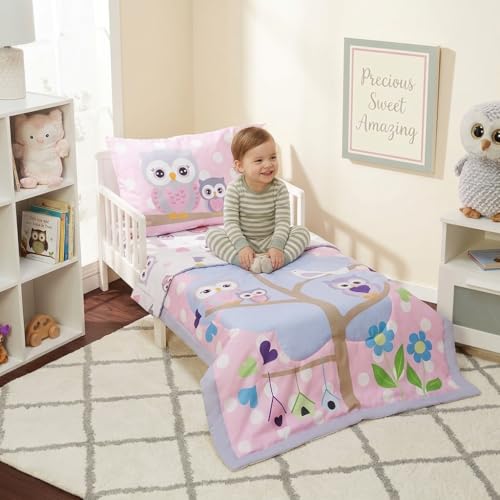 Image of EVERYDAY KIDS 4 Piece Toddler Bedding Set - Owls - Soft 100% Cotton Percale - Includes Comforter, Flat Sheet, Fitted Sheet and Reversible Pillowcase