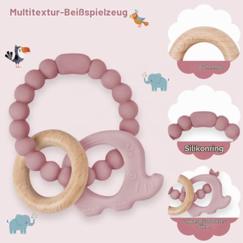 Vicloon Beißring für Babys, Elefant Beißring Spielzeug aus Silikon und Holzringe, Baby Zahnungshilfe BPA-frei… – Ansicht 3