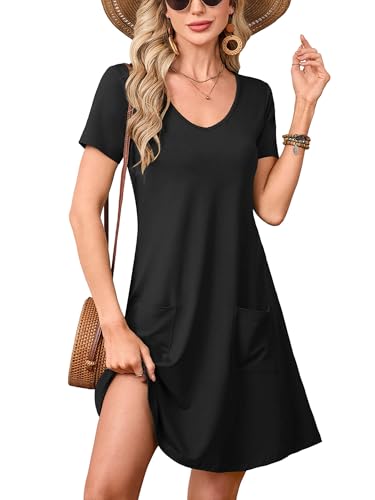 Image of Heymoments Summer Dresses for Women Short Sleeve V Neck Swing Sundress Casual A-Line Flowy Dress with Pockets S-2XL