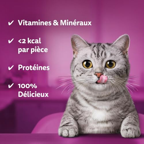Friandises poulet fromage chat adulte Whiskas Temptations, évitez le gaspillage avec le maxi pack - 10