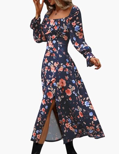 Image of Relipop Women's Long Sleeve Dress Fall Fashion Casual Square Neck Boho Floral Print Split Thigh A Line Party Date Night Maxi Dresses (Blue Pink Floral, Large)