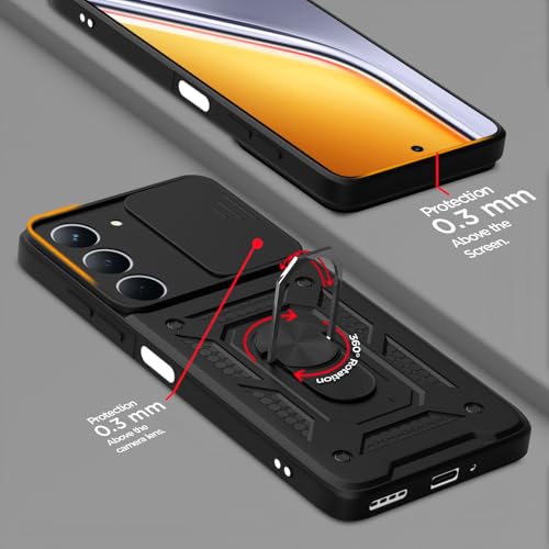 Image of Outlouders Back Cover for Realme P3x 5G | D10 Tough Armor 360 Protection Case with Sliding Camera Shield & Ring Holder Stand Bumper Case (Black)