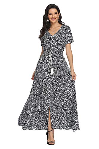 Image of VintageClothing Women's Floral Maxi Dresses Boho Button Up Split Summer Casual Long Dress Beach Party Dress