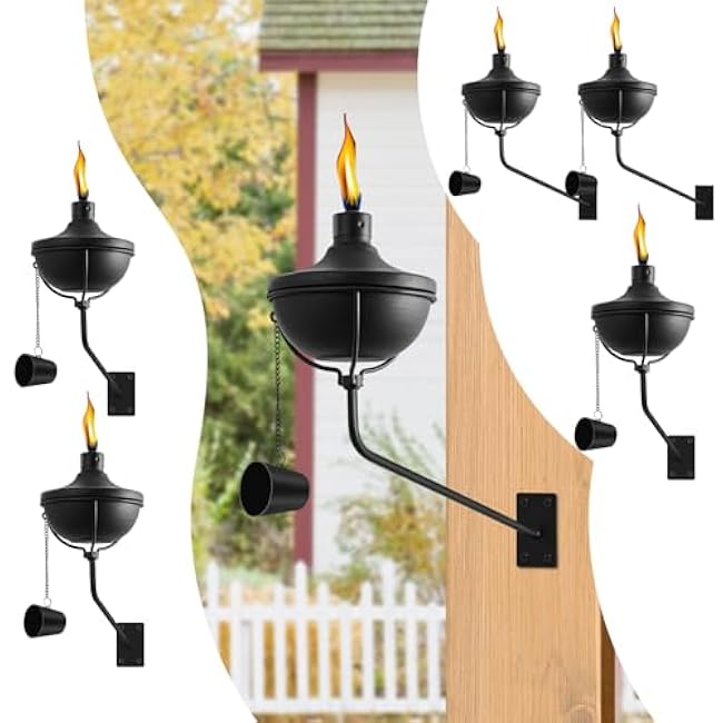 Wall Mounted Citronella Torches Set of 6, 24 oz Garden Torches for Outside, Refillable Flame Light Torch, Outdoor Metal Torch for Yard, Patio, Deck, Garden, Party, Landscape