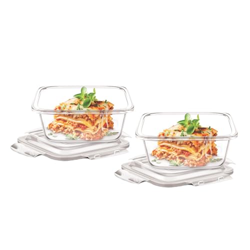 Image of Signoraware Safe Store Glass Square Containers | Airtight & Leakproof | Microwave Safe | Ideal for Reheating, Baking or Serving | Best for Office Lunch & Outdoor Activities (320mlx2 | Setof2 | Clear)