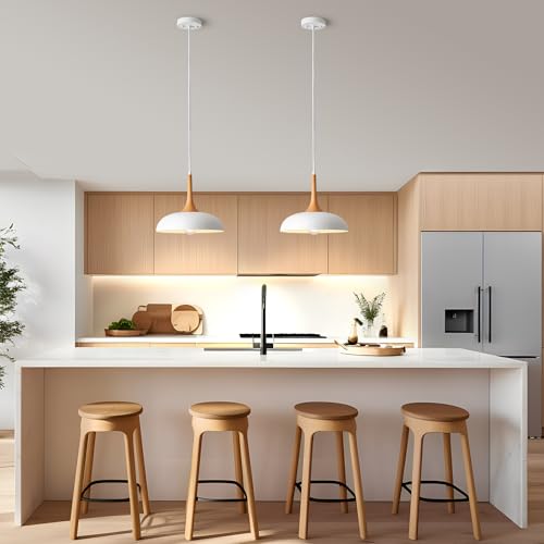 White Modern Farmhouse Pendant Lights Pendant Light Fixtures Faux-Wood Small 12.6 inch - Image 6